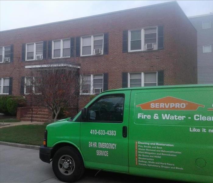 SERVPRO truck parked outside of rowhome in Baltimore County, Maryland.
